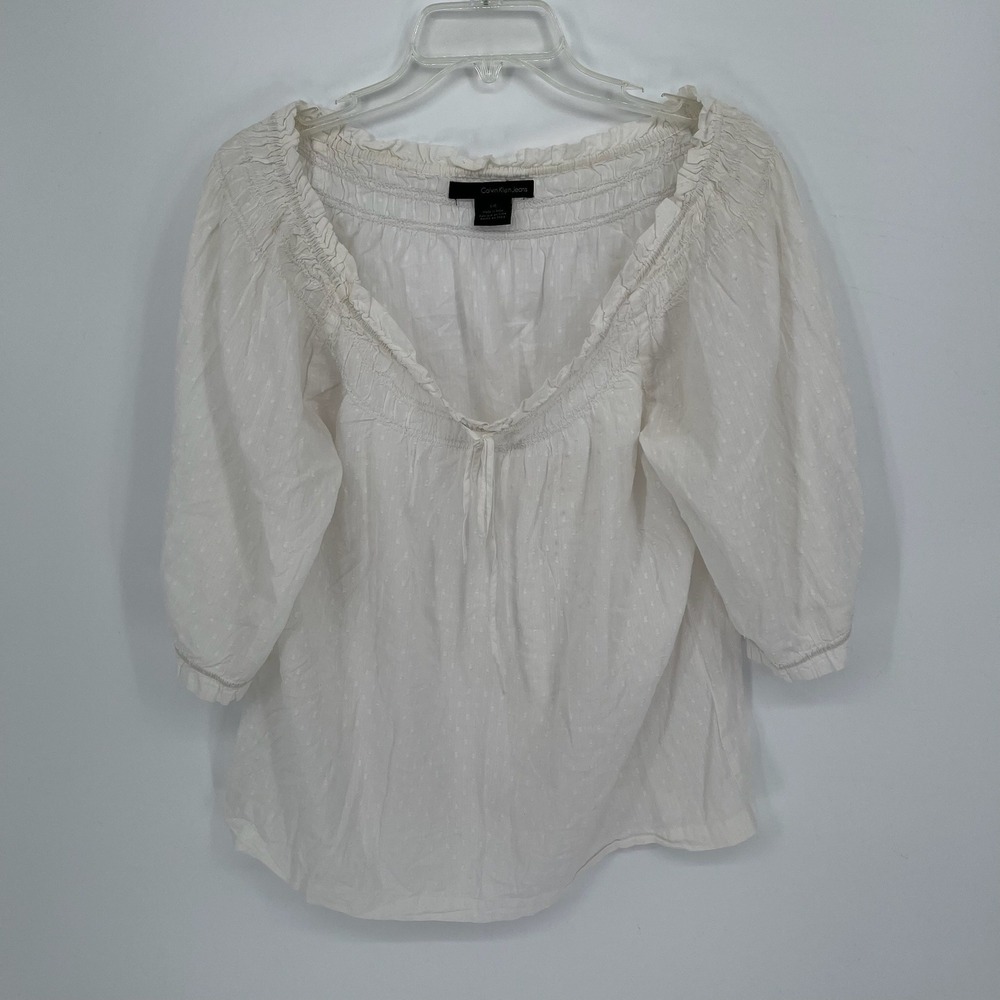 Calvin Klein Jeans Women's White Dobby Swiss‎ Dot Peasant Blouse Size Large